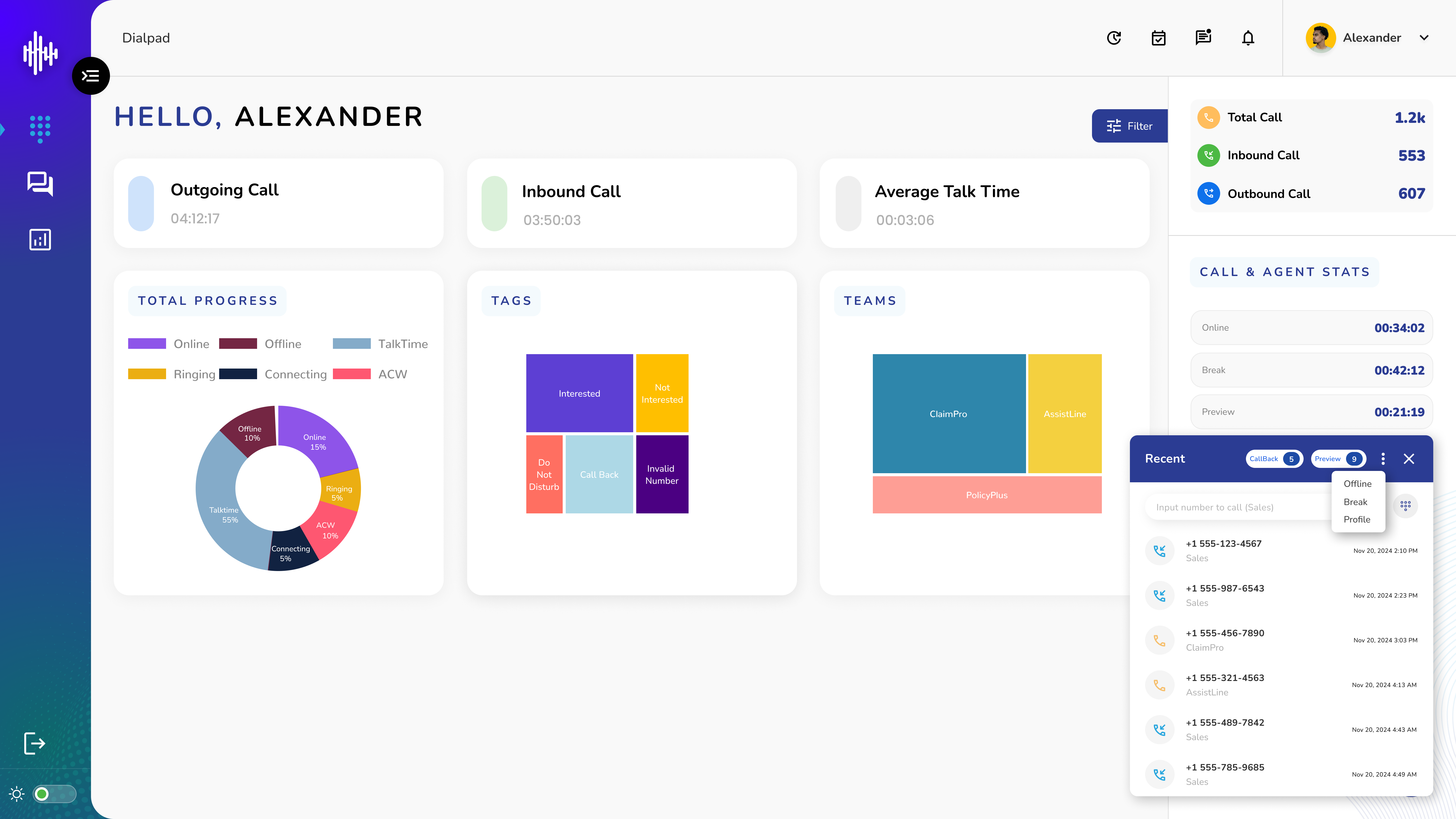Agent Dashboard - Dialpad - Recent Call List Popup