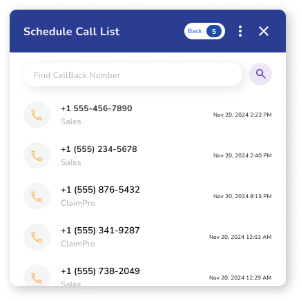 Agent Dashboard - Dialpad - Schedule Call List Popup