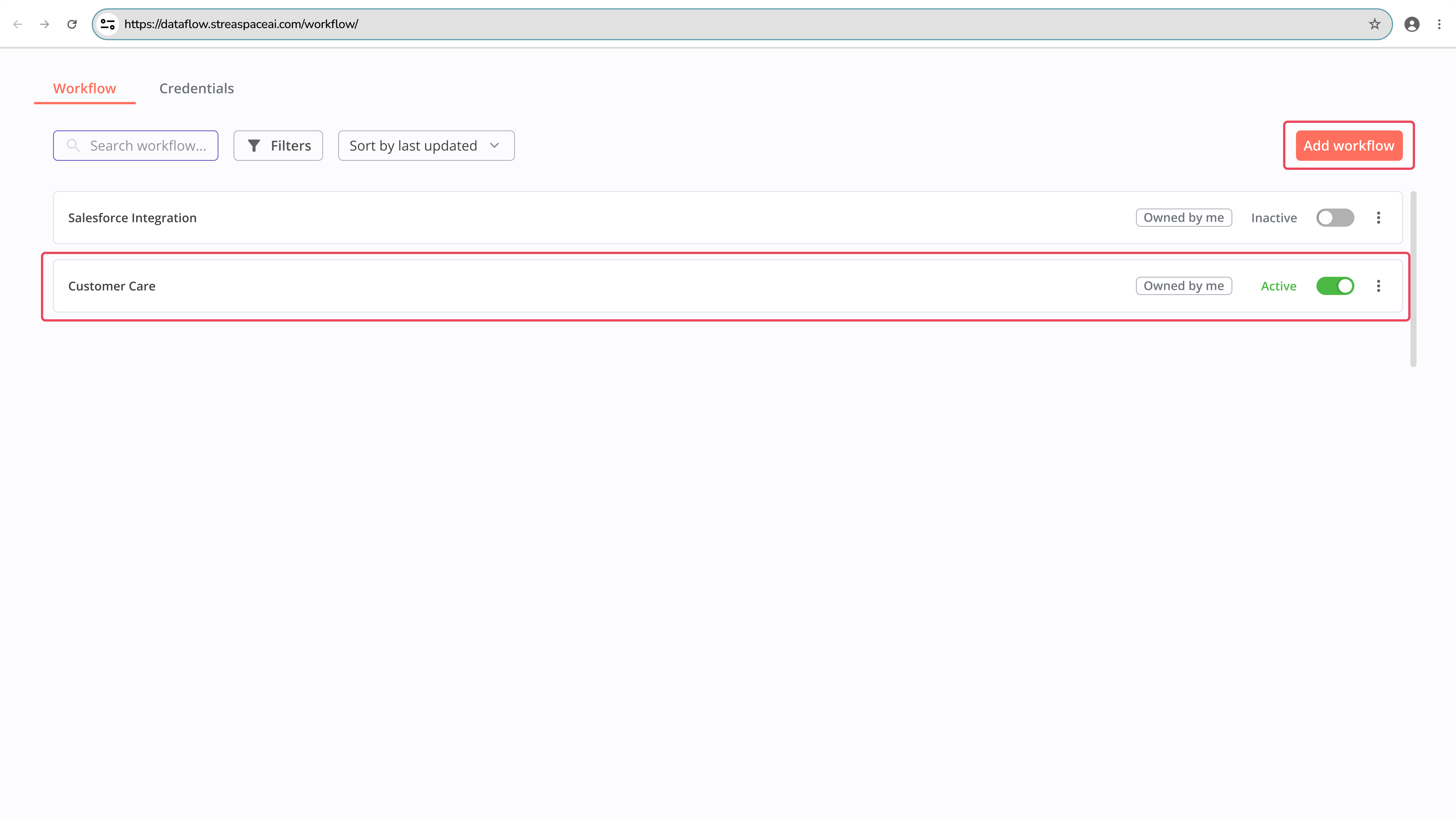 Dashboard with Add Workflow Button