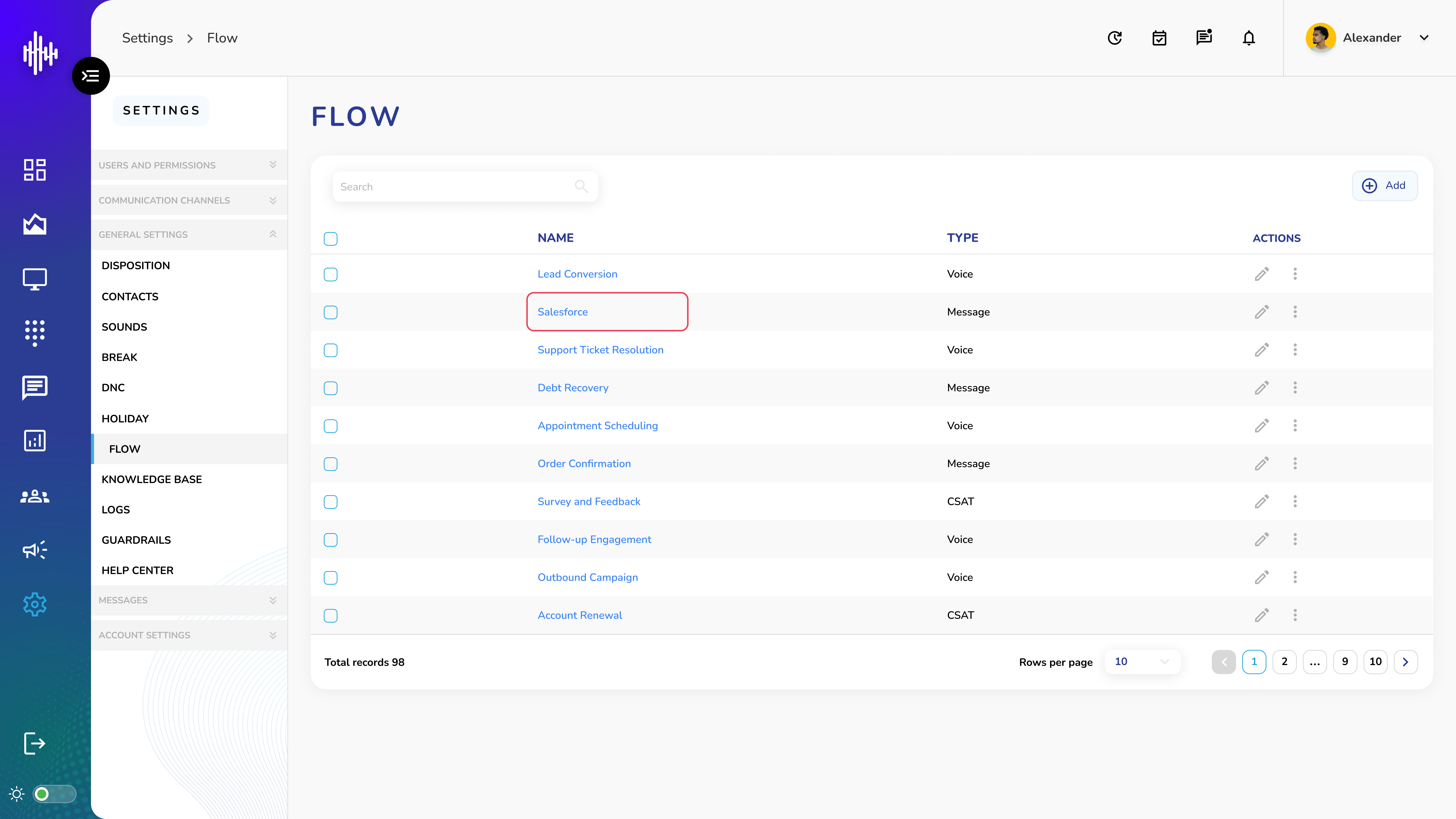 Flow Settings Menu